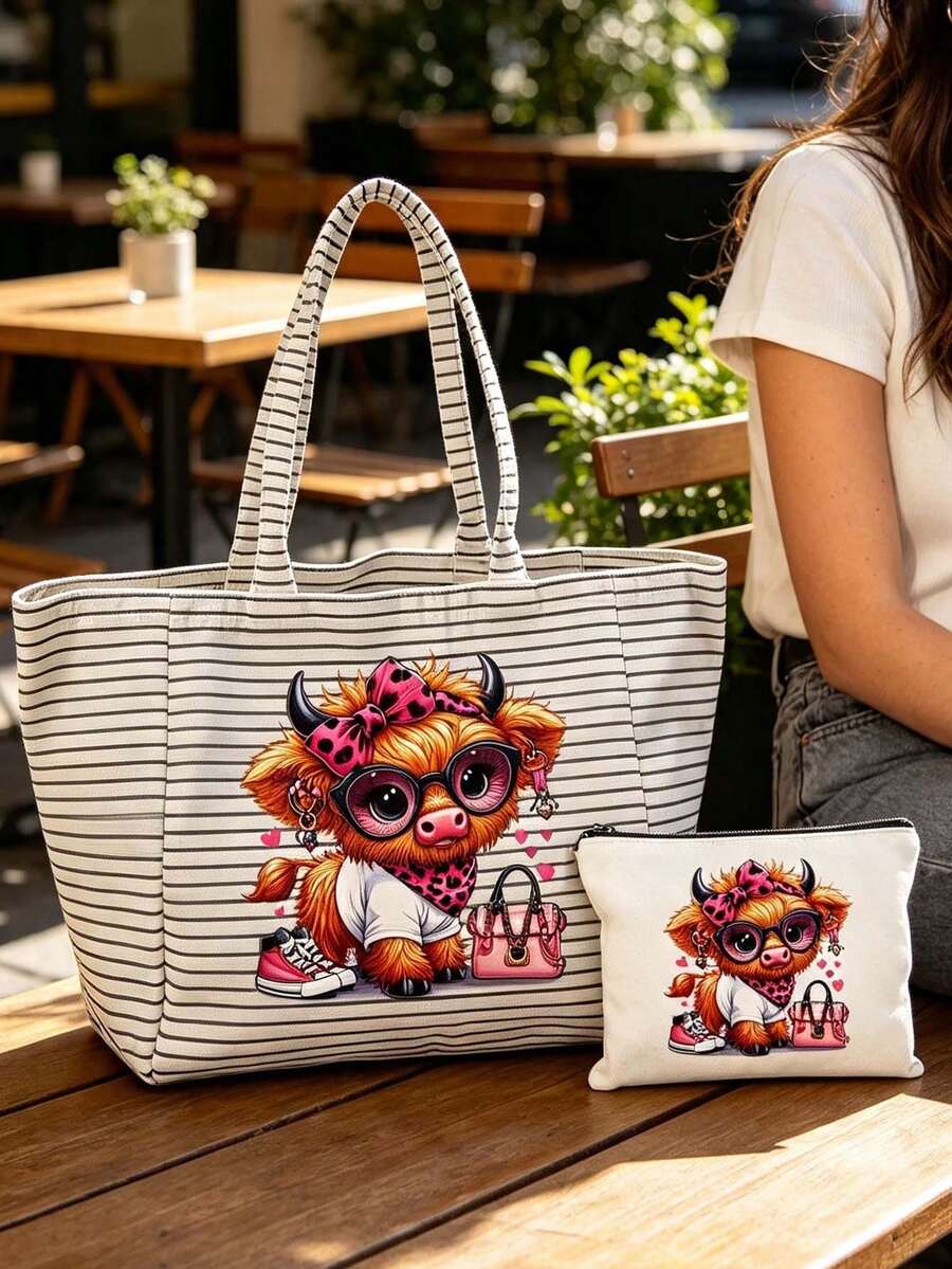 Casual Striped Tote Bag & Makeup Pouch,Funny Highland Cow Canvas Bag,Large Capacity Shopping Bag,Portable Zippered Storage Pouch,Vacation Handbag