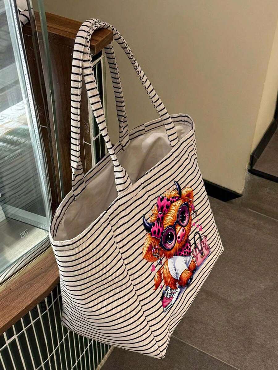 Casual Striped Tote Bag & Makeup Pouch,Funny Highland Cow Canvas Bag,Large Capacity Shopping Bag,Portable Zippered Storage Pouch,Vacation Handbag