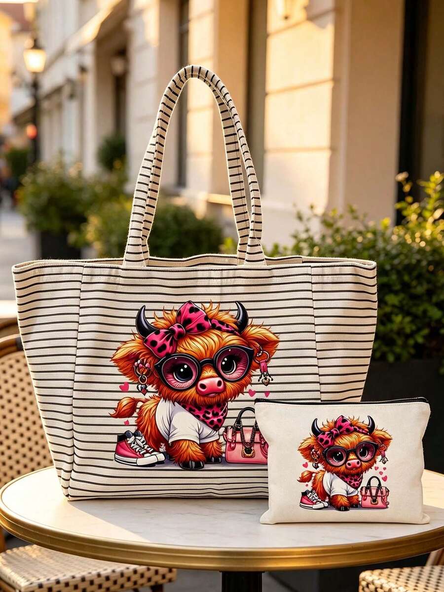Casual Striped Tote Bag & Makeup Pouch,Funny Highland Cow Canvas Bag,Large Capacity Shopping Bag,Portable Zippered Storage Pouch,Vacation Handbag