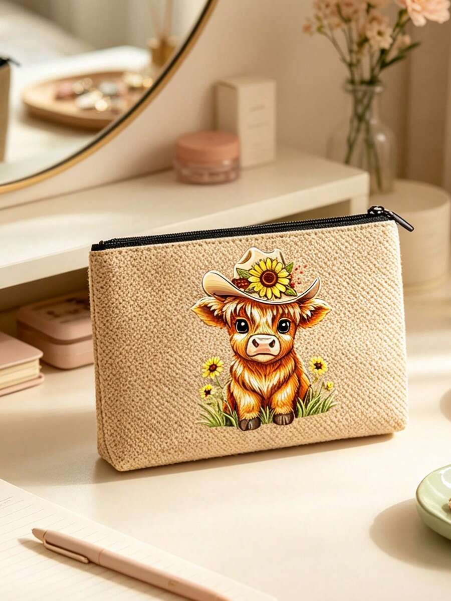 Highland Cow Print Yellow Linen Handbag, Cute Bow Leopard Print Highland Cow Pattern, Large Capacity Makeup Bag With Hand Strap, Christmas Gift, Black Linen Coin Purse, Black Square Shopping Bag, Make