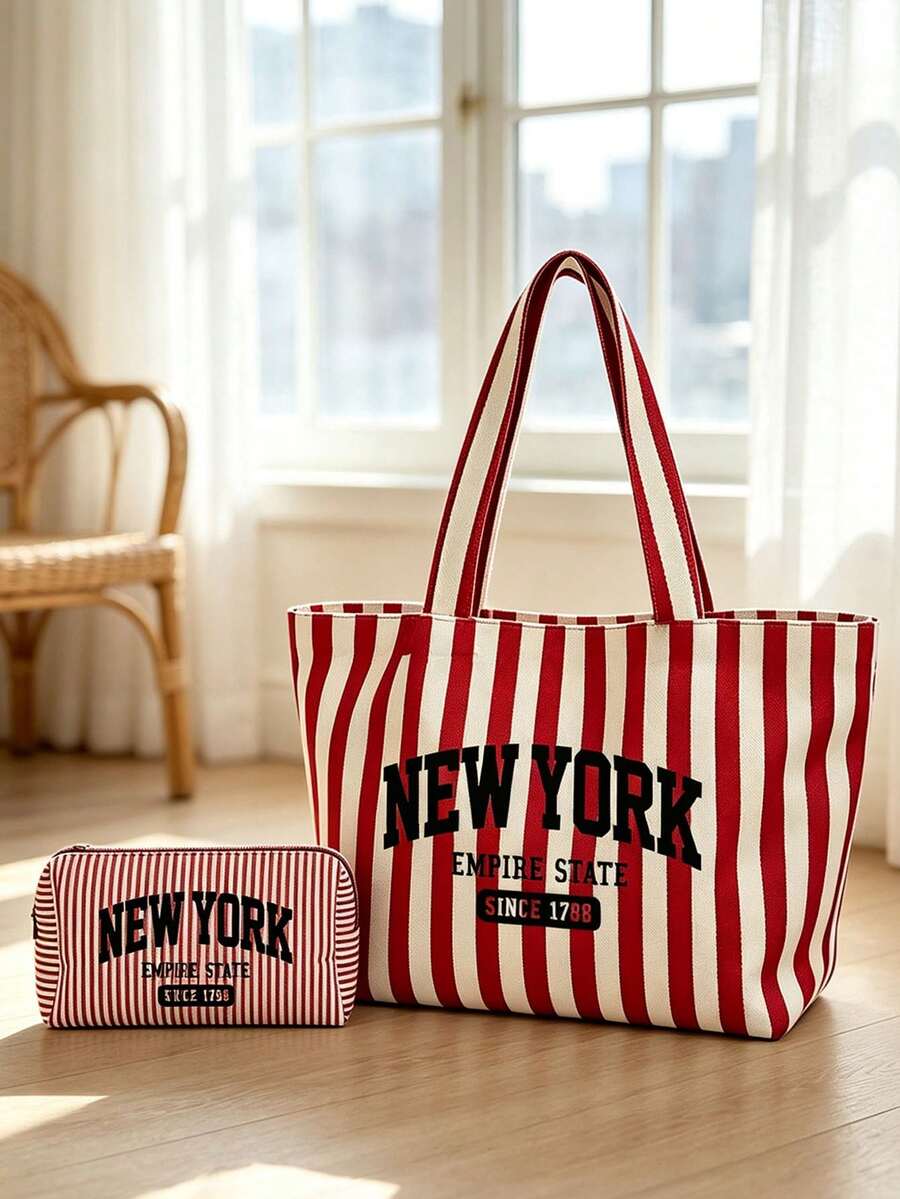 "New York" Pattern Striped Canvas Tote Bag Set, Fashion Striped Canvas Bag, Large Capacity Women's Travel Beach Handbag, Fashionable Foldable Shoulder Bag, Zippered Cosmetic Bag, Vintage Striped Desig
