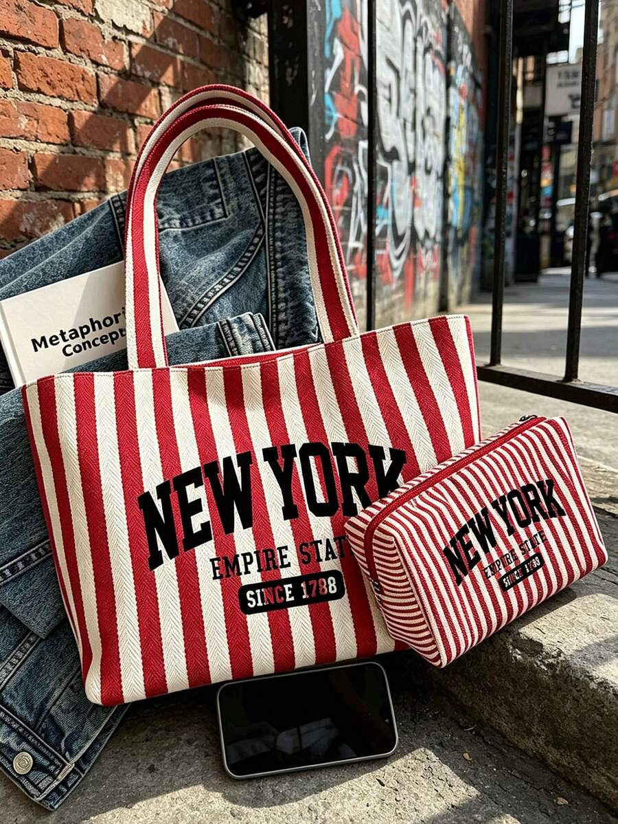 "New York" Pattern Striped Canvas Tote Bag Set, Fashion Striped Canvas Bag, Large Capacity Women's Travel Beach Handbag, Fashionable Foldable Shoulder Bag, Zippered Cosmetic Bag, Vintage Striped Desig