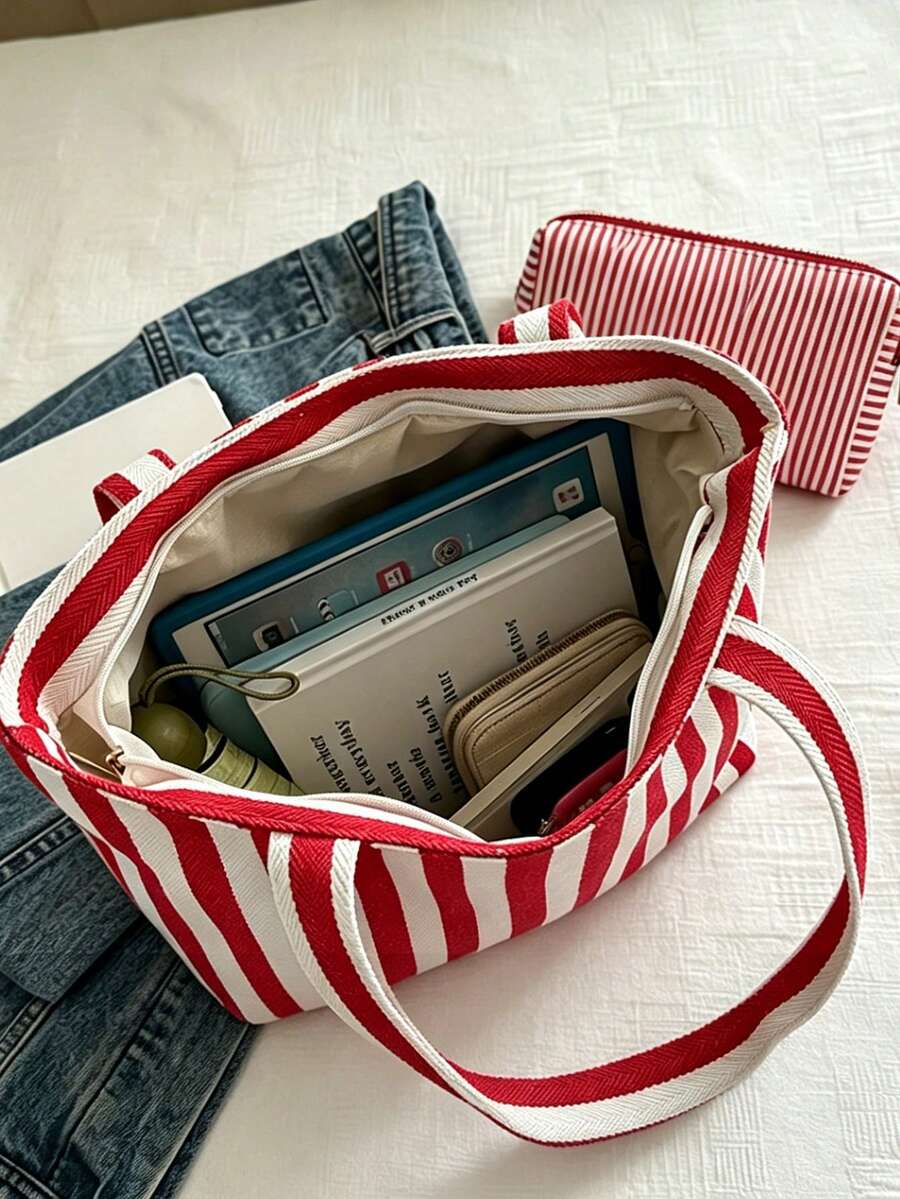 "New York" Pattern Striped Canvas Tote Bag Set, Fashion Striped Canvas Bag, Large Capacity Women's Travel Beach Handbag, Fashionable Foldable Shoulder Bag, Zippered Cosmetic Bag, Vintage Striped Desig