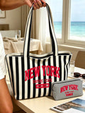 "New York" Pattern Striped Canvas Tote Bag Set, Fashion Striped Canvas Bag