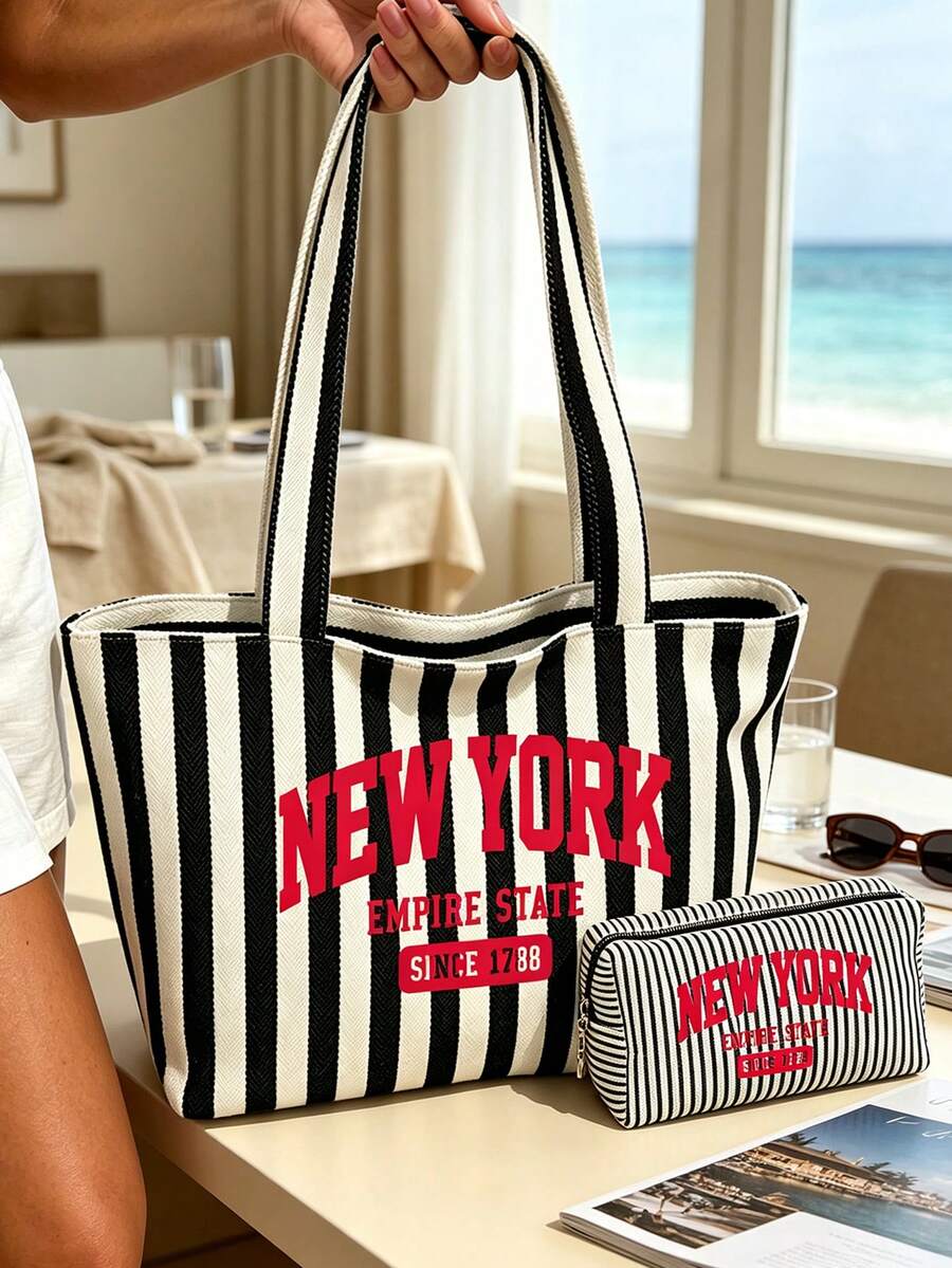 "New York" Pattern Striped Canvas Tote Bag Set, Fashion Striped Canvas Bag, Large Capacity Women's Travel Beach Handbag, Fashionable Foldable Shoulder Bag, Zippered Cosmetic Bag, Vintage Striped Desig