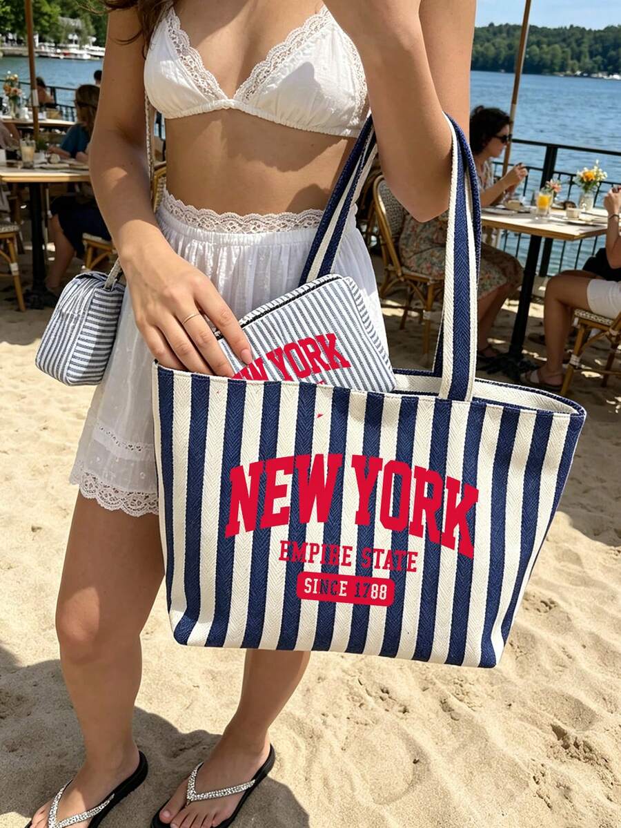 "New York" Pattern Striped Canvas Tote Bag Set, Fashion Striped Canvas Bag, Large Capacity Women's Travel Beach Handbag, Fashionable Foldable Shoulder Bag, Zippered Cosmetic Bag, Vintage Striped Desig