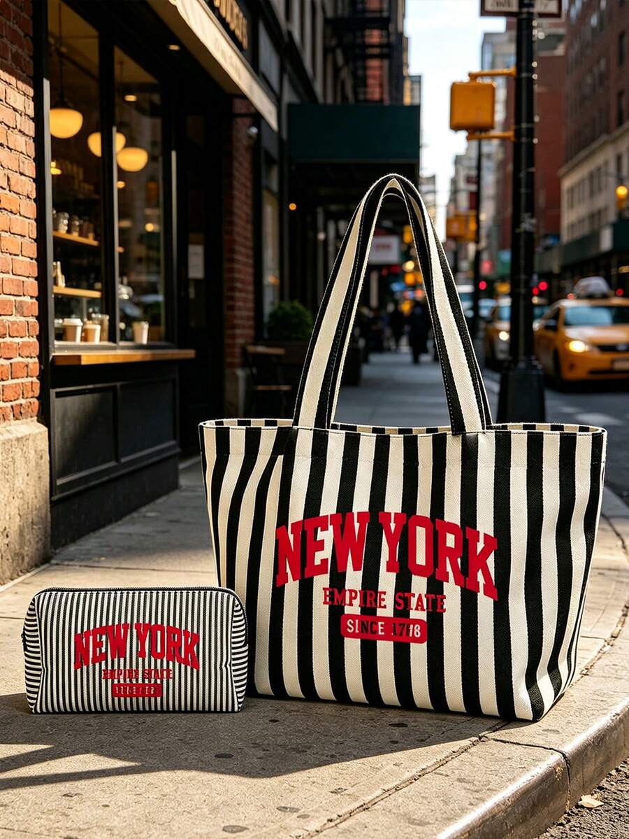 "New York" Pattern Striped Canvas Tote Bag Set, Fashion Striped Canvas Bag, Large Capacity Women's Travel Beach Handbag, Fashionable Foldable Shoulder Bag, Zippered Cosmetic Bag, Vintage Striped Desig