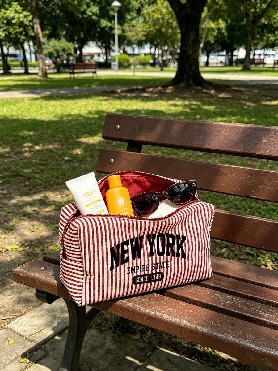 "New York" Pattern Striped Canvas Tote Bag Set, Fashion Striped Canvas Bag, Large Capacity Women's Travel Beach Handbag, Fashionable Foldable Shoulder Bag, Zippered Cosmetic Bag, Vintage Striped Desig