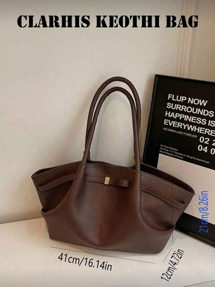 Brown PU Women's Tote Bag, Elegant Metal Buckle Handbag, Large Capacity Commuter Shoulder Bag, Suitable For Office Workers, Students, Teachers, Casual Daily Shopping And Work
