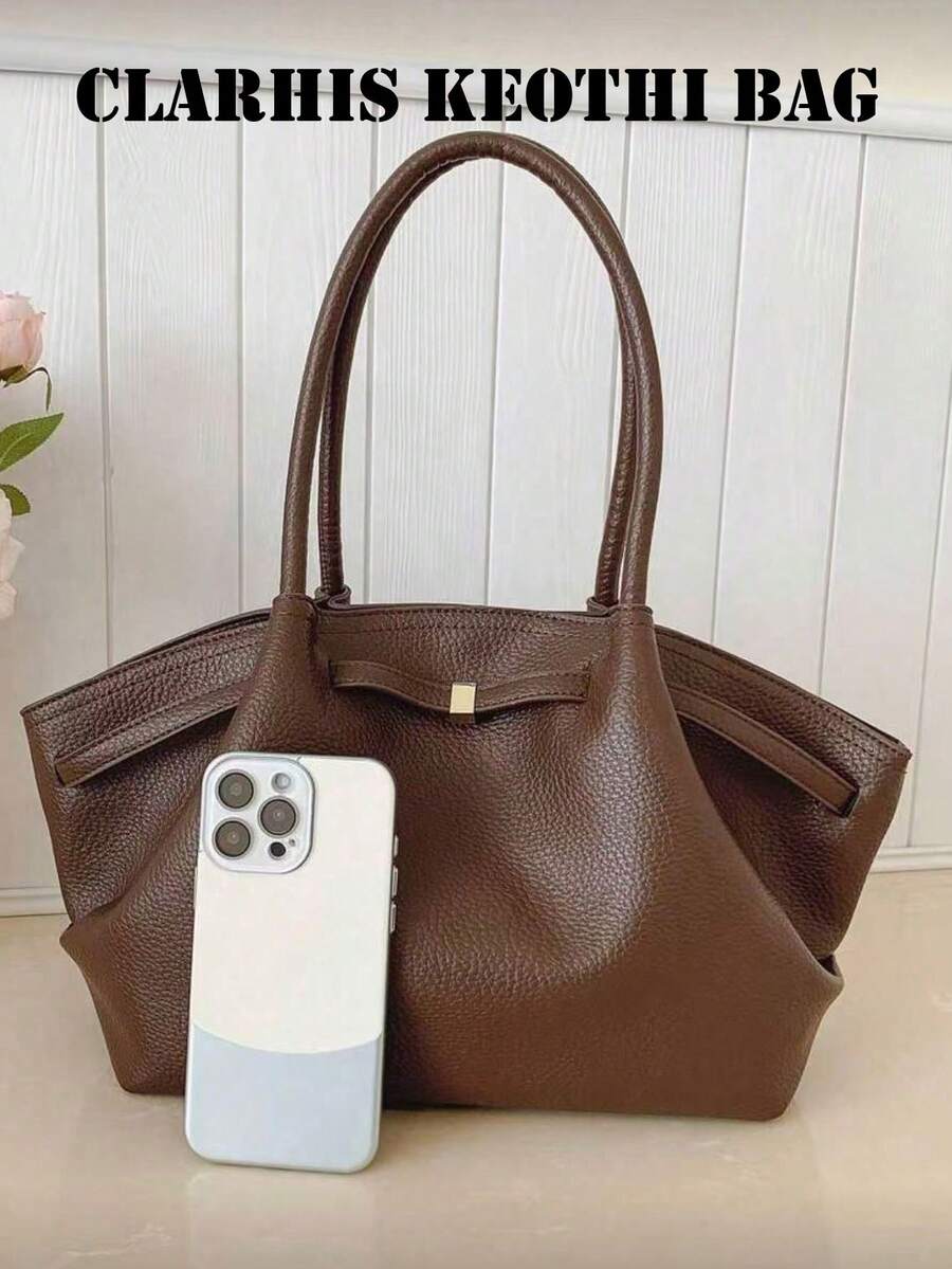 Brown PU Women's Tote Bag, Elegant Metal Buckle Handbag, Large Capacity Commuter Shoulder Bag, Suitable For Office Workers, Students, Teachers, Casual Daily Shopping And Work