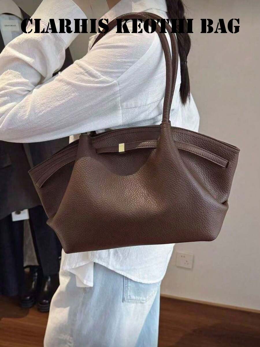 Brown PU Women's Tote Bag, Elegant Metal Buckle Handbag, Large Capacity Commuter Shoulder Bag, Suitable For Office Workers, Students, Teachers, Casual Daily Shopping And Work