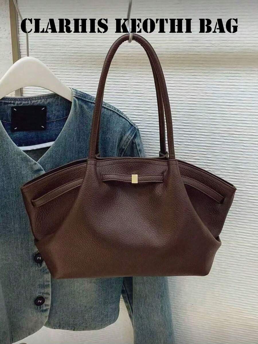 Brown PU Women's Tote Bag, Elegant Metal Buckle Handbag, Large Capacity Commuter Shoulder Bag, Suitable For Office Workers, Students, Teachers, Casual Daily Shopping And Work
