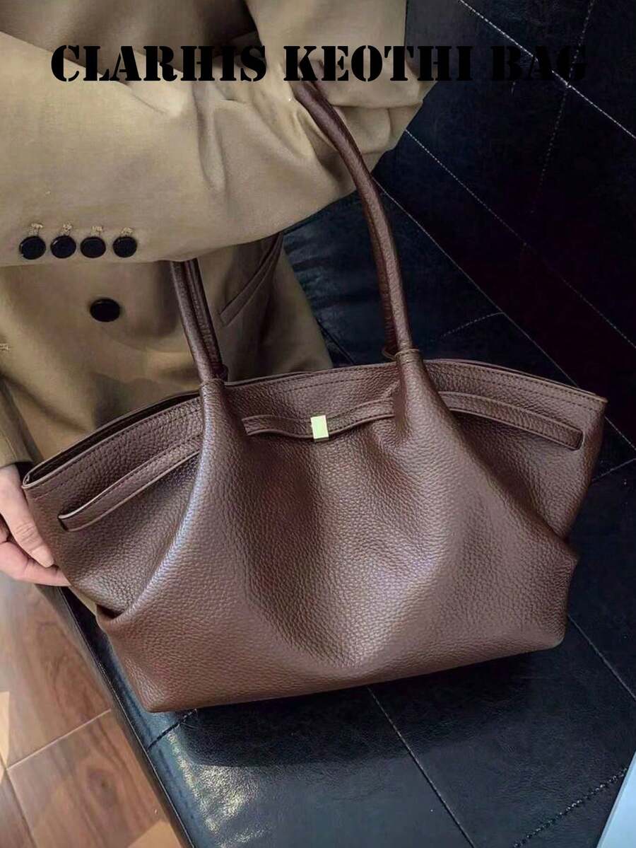 Brown PU Women's Tote Bag, Elegant Metal Buckle Handbag, Large Capacity Commuter Shoulder Bag, Suitable For Office Workers, Students, Teachers, Casual Daily Shopping And Work