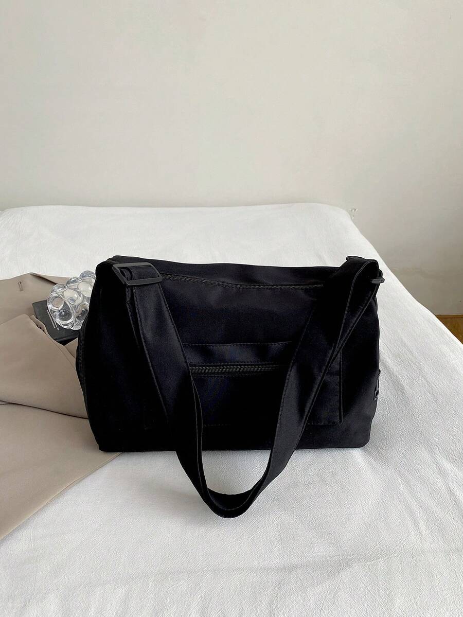1pc Black Large Capacity Colorblock Nylon Tote Bag Women's Shoulder Travel Bag