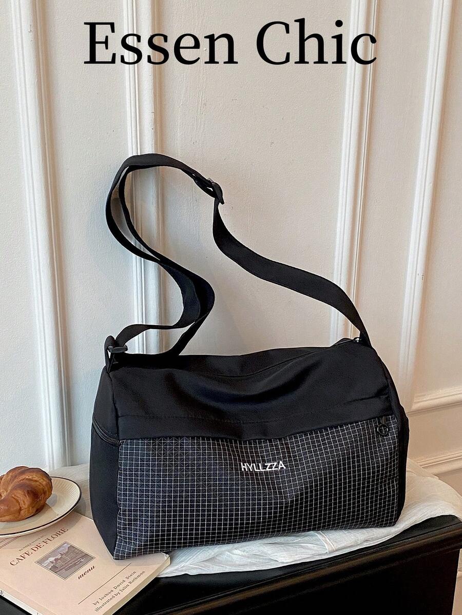 1pc Black Large Capacity Colorblock Nylon Tote Bag Women's Shoulder Travel Bag