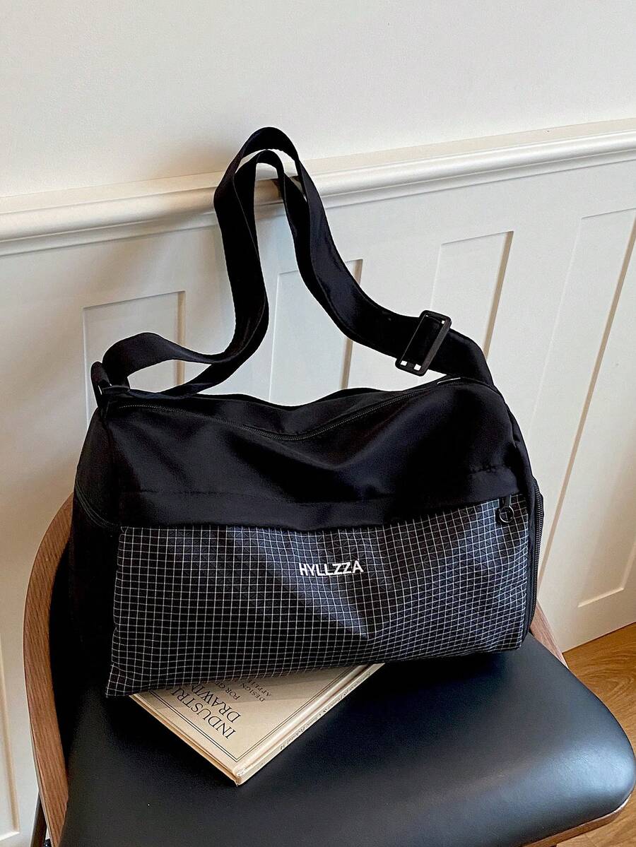 1pc Black Large Capacity Colorblock Nylon Tote Bag Women's Shoulder Travel Bag