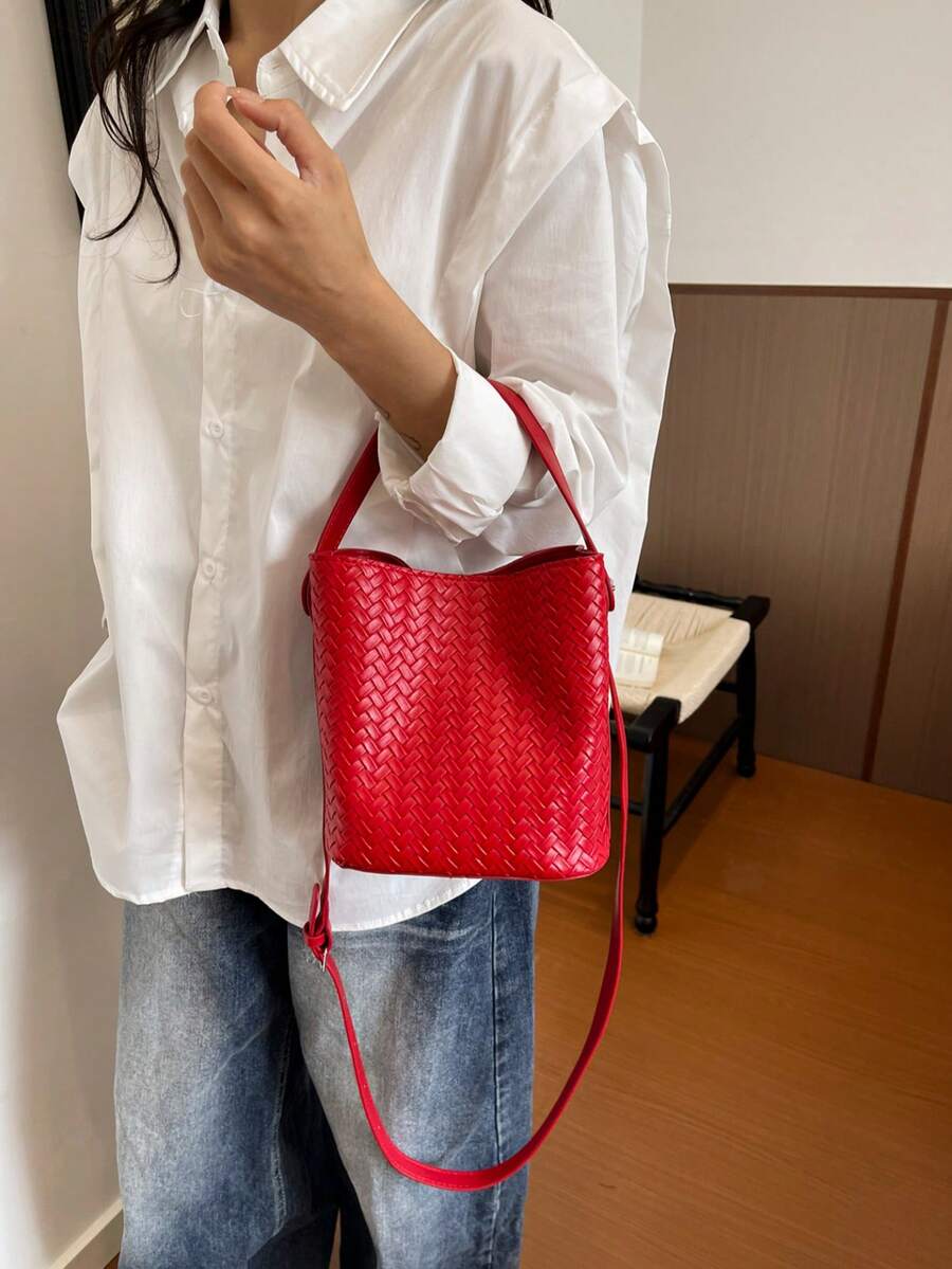 Woven Large Capacity Tote Bag, Shoulder Crossbody Bucket Bag For Women, Retro Versatile