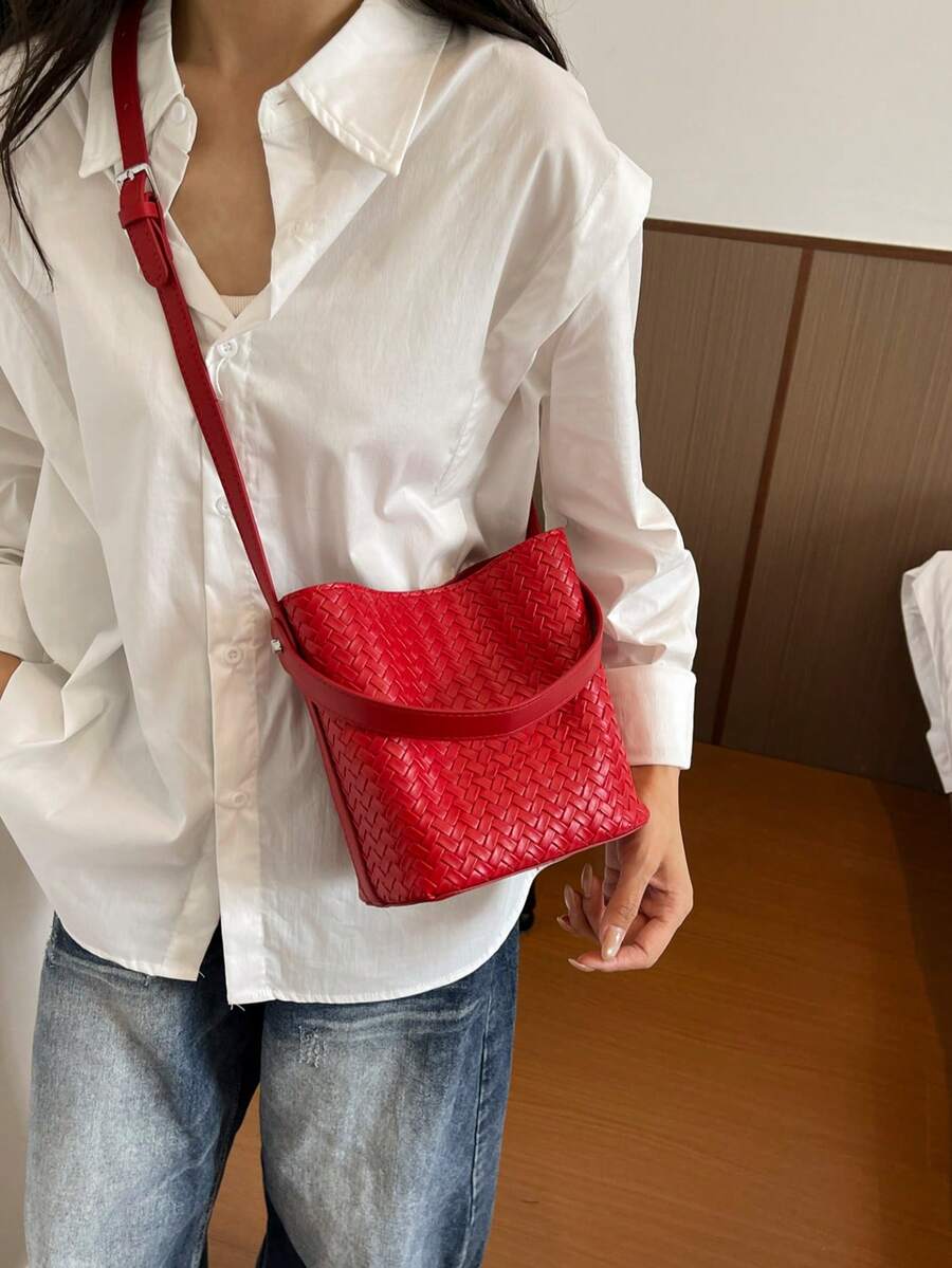 Woven Large Capacity Tote Bag, Shoulder Crossbody Bucket Bag For Women, Retro Versatile