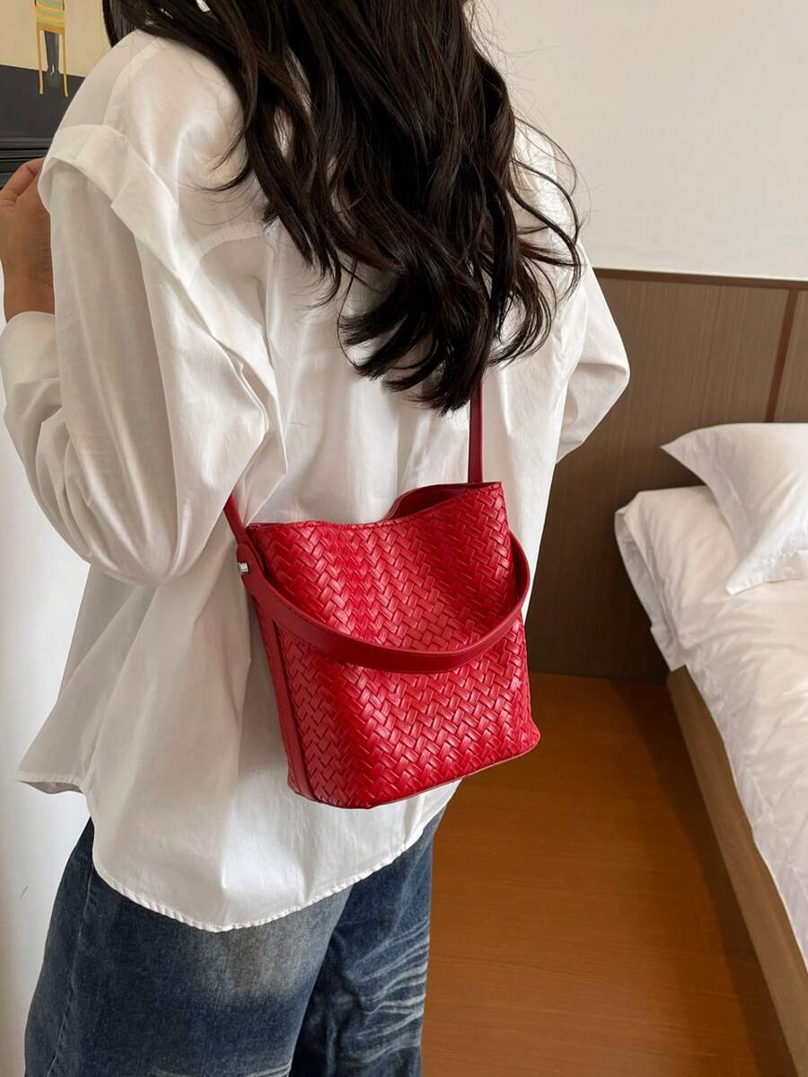 Woven Large Capacity Tote Bag, Shoulder Crossbody Bucket Bag For Women, Retro Versatile