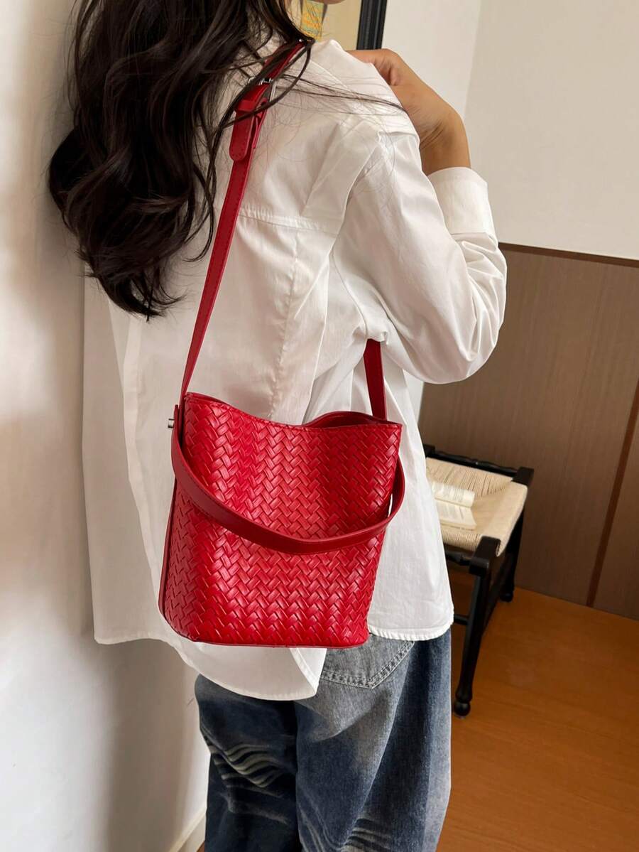 Woven Large Capacity Tote Bag, Shoulder Crossbody Bucket Bag For Women, Retro Versatile