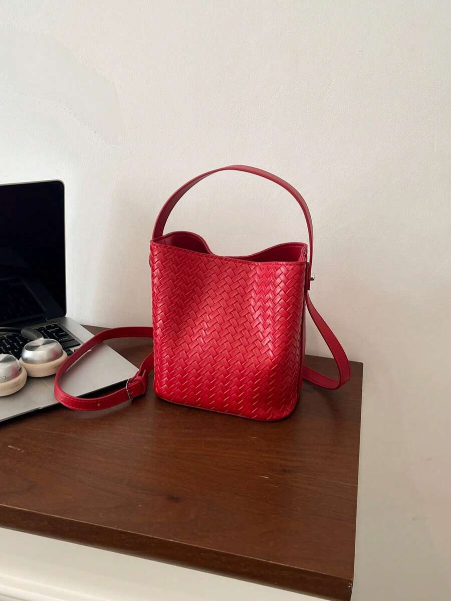 Woven Large Capacity Tote Bag, Shoulder Crossbody Bucket Bag For Women, Retro Versatile