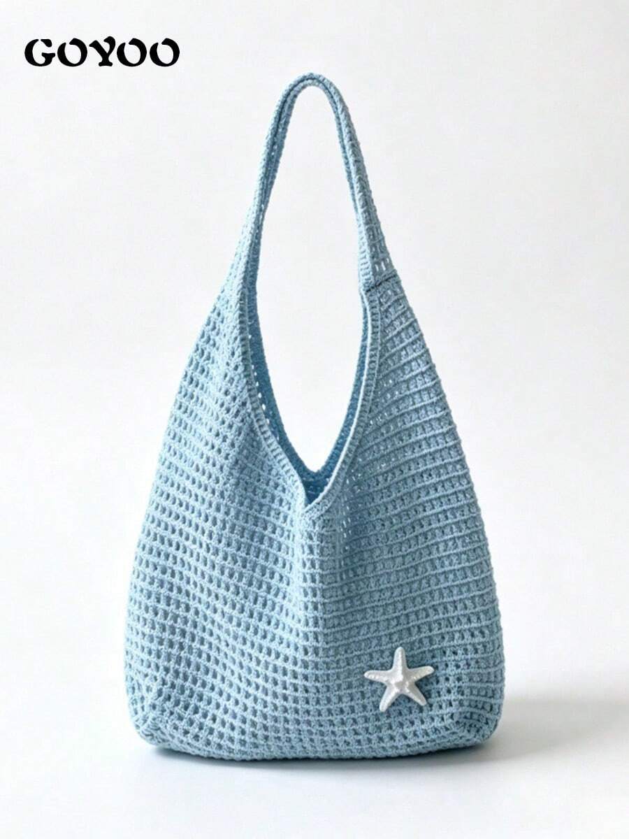 Summer Women'S Vintage Vacation Style,Women Hollow Knitted Shoulder Bag,Simple Crochet Handbag,Lightweight Casual Hollow Out Pattern Crochet Bag