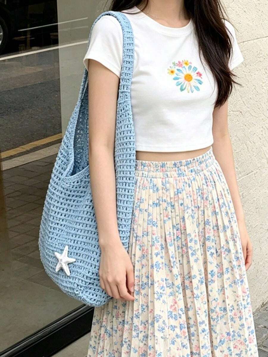 Summer Women'S Vintage Vacation Style,Women Hollow Knitted Shoulder Bag,Simple Crochet Handbag,Lightweight Casual Hollow Out Pattern Crochet Bag