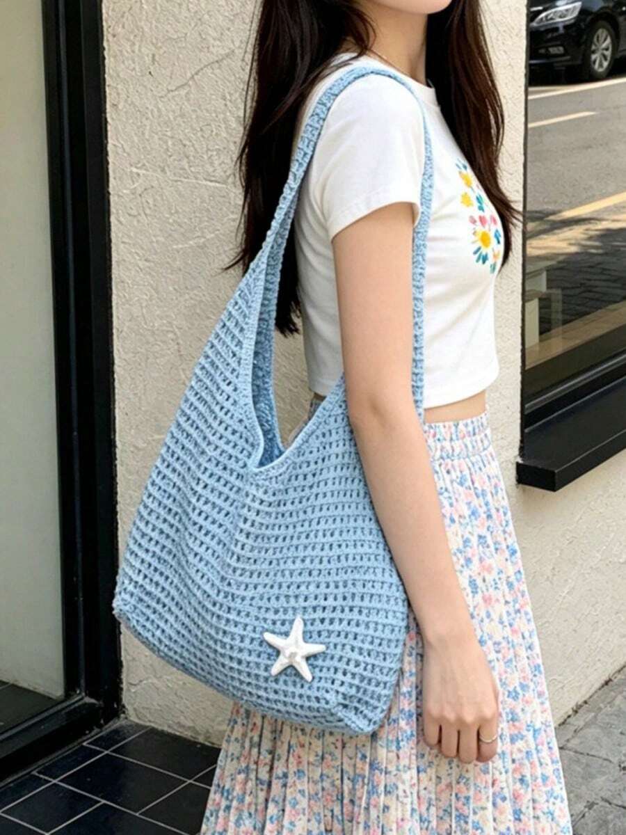 Summer Women'S Vintage Vacation Style,Women Hollow Knitted Shoulder Bag,Simple Crochet Handbag,Lightweight Casual Hollow Out Pattern Crochet Bag