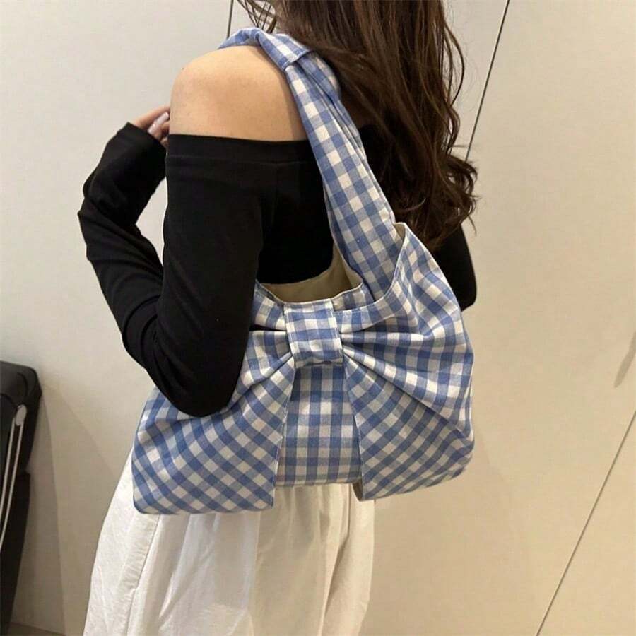 Plaid Print Bow‑Decor Tote Shoulder Bag, Large‑Capacity Soft Fabric Handbag, Casual Daily‑Use Shopping Under‑Arm Purse For Women