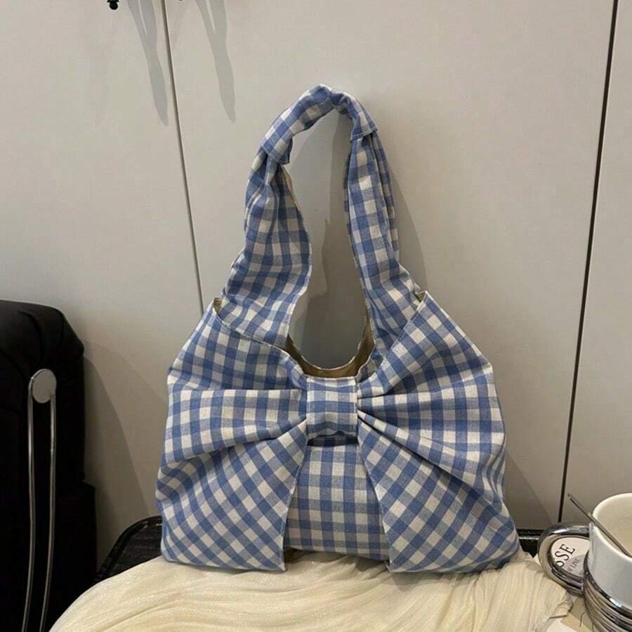 Plaid Print Bow‑Decor Tote Shoulder Bag, Large‑Capacity Soft Fabric Handbag, Casual Daily‑Use Shopping Under‑Arm Purse For Women