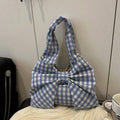 Plaid Print Bow‑Decor Tote Shoulder Bag, Large‑Capacity Soft Fabric Handbag, Casual Daily‑Use Shopping Under‑Arm Purse For Women