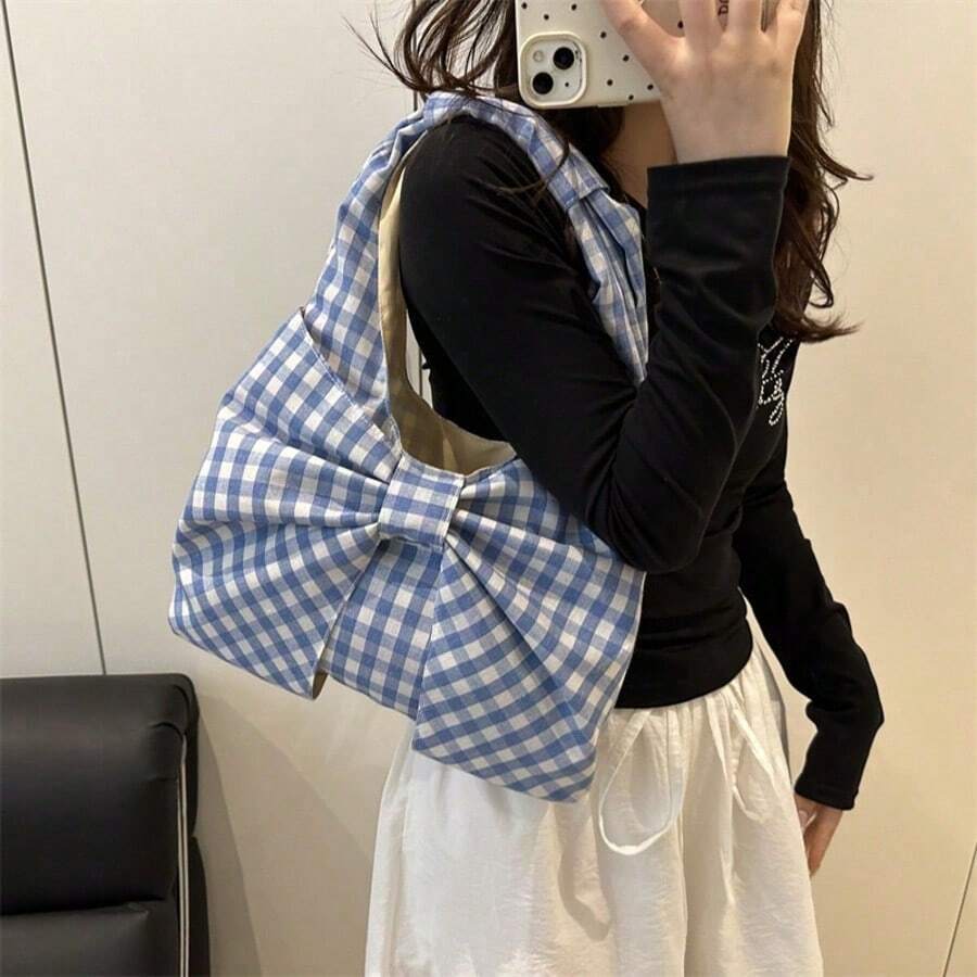 Plaid Print Bow‑Decor Tote Shoulder Bag, Large‑Capacity Soft Fabric Handbag, Casual Daily‑Use Shopping Under‑Arm Purse For Women
