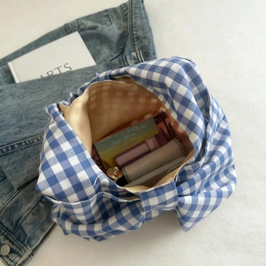 Plaid Print Bow‑Decor Tote Shoulder Bag, Large‑Capacity Soft Fabric Handbag, Casual Daily‑Use Shopping Under‑Arm Purse For Women