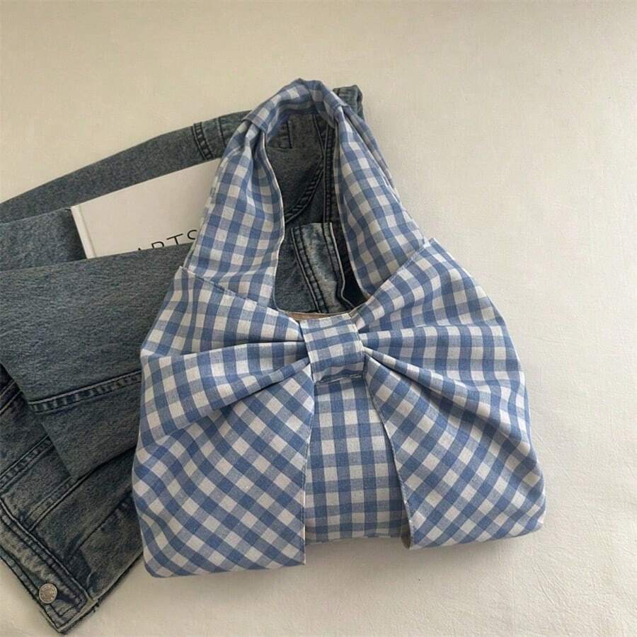 Plaid Print Bow‑Decor Tote Shoulder Bag, Large‑Capacity Soft Fabric Handbag, Casual Daily‑Use Shopping Under‑Arm Purse For Women