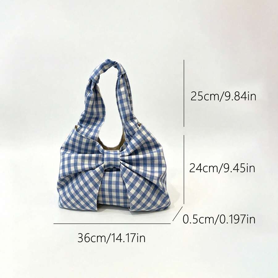 Plaid Print Bow‑Decor Tote Shoulder Bag, Large‑Capacity Soft Fabric Handbag, Casual Daily‑Use Shopping Under‑Arm Purse For Women
