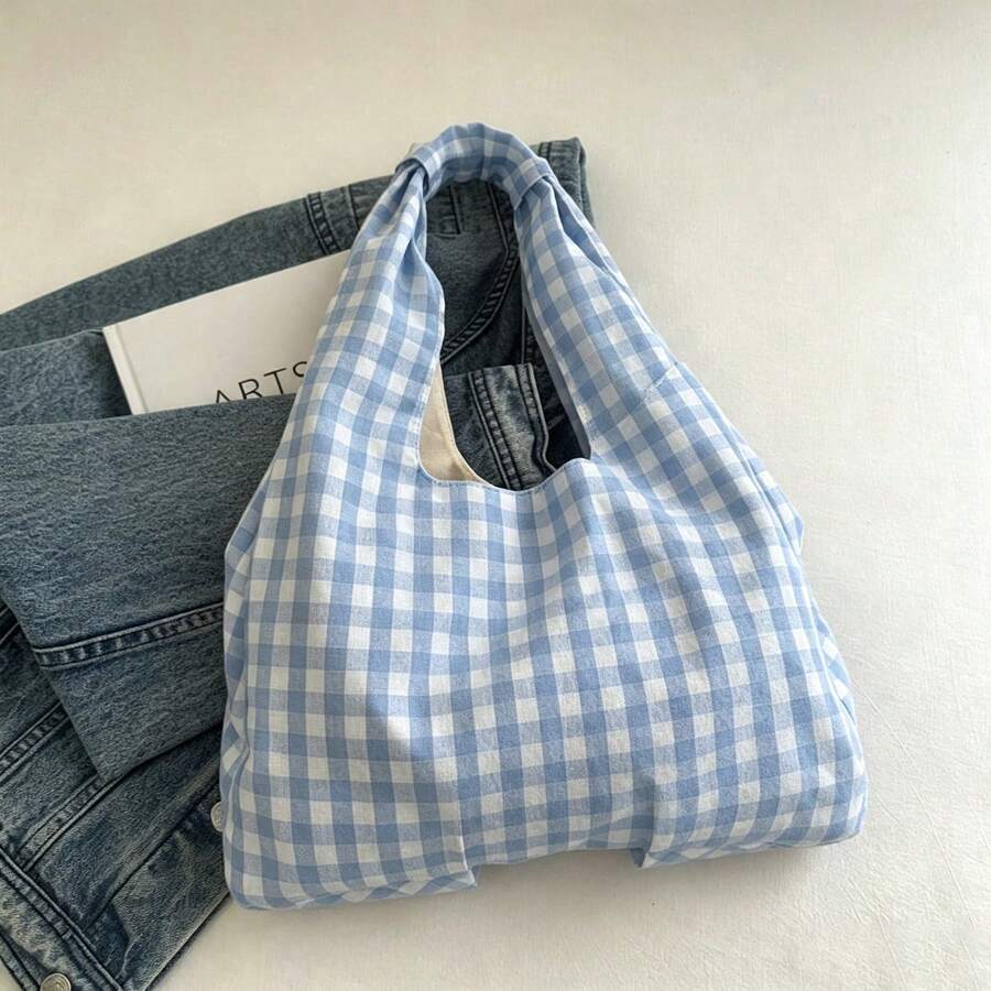 Plaid Print Bow‑Decor Tote Shoulder Bag, Large‑Capacity Soft Fabric Handbag, Casual Daily‑Use Shopping Under‑Arm Purse For Women