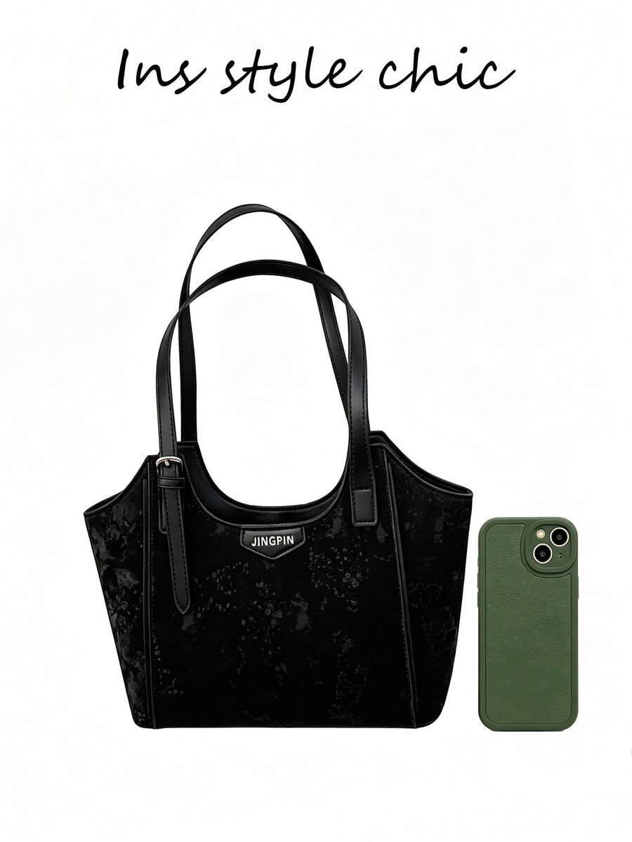 Dark Pattern Plum Blossom Print Tote Bag, Large Capacity, Can Store Books And Laptop, Adjustable Shoulder Strap Length, Zipper Closure, Artistic New Chinese Style, Shoulder Bag For Daily School, Commu
