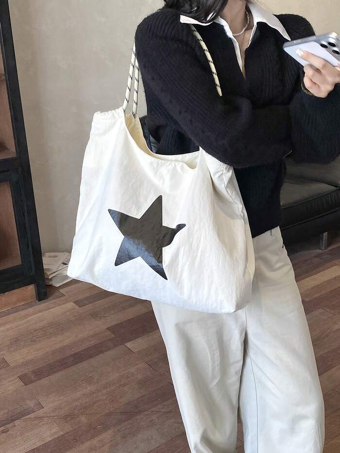 Large Capacity Women's Shoulder Bag Handbag Black And White Contrast Star Printe