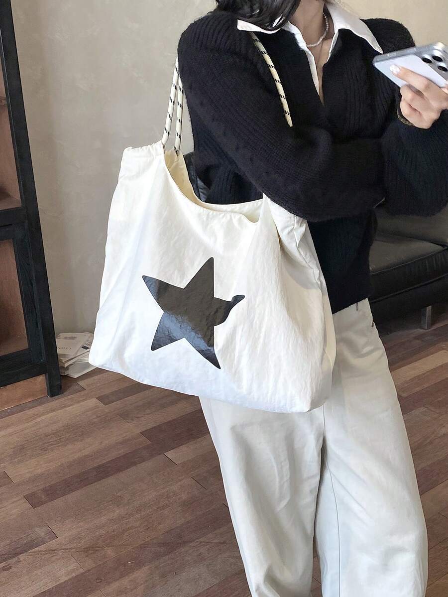 Large Capacity Women's Shoulder Bag Handbag Black And White Contrast Star Printed Nylon Waterproof Fabric Daily Commuter Bag