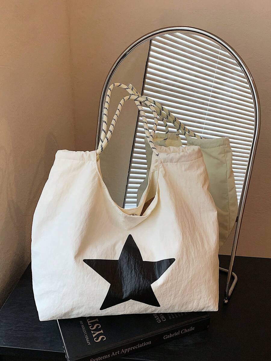 Large Capacity Women's Shoulder Bag Handbag Black And White Contrast Star Printed Nylon Waterproof Fabric Daily Commuter Bag