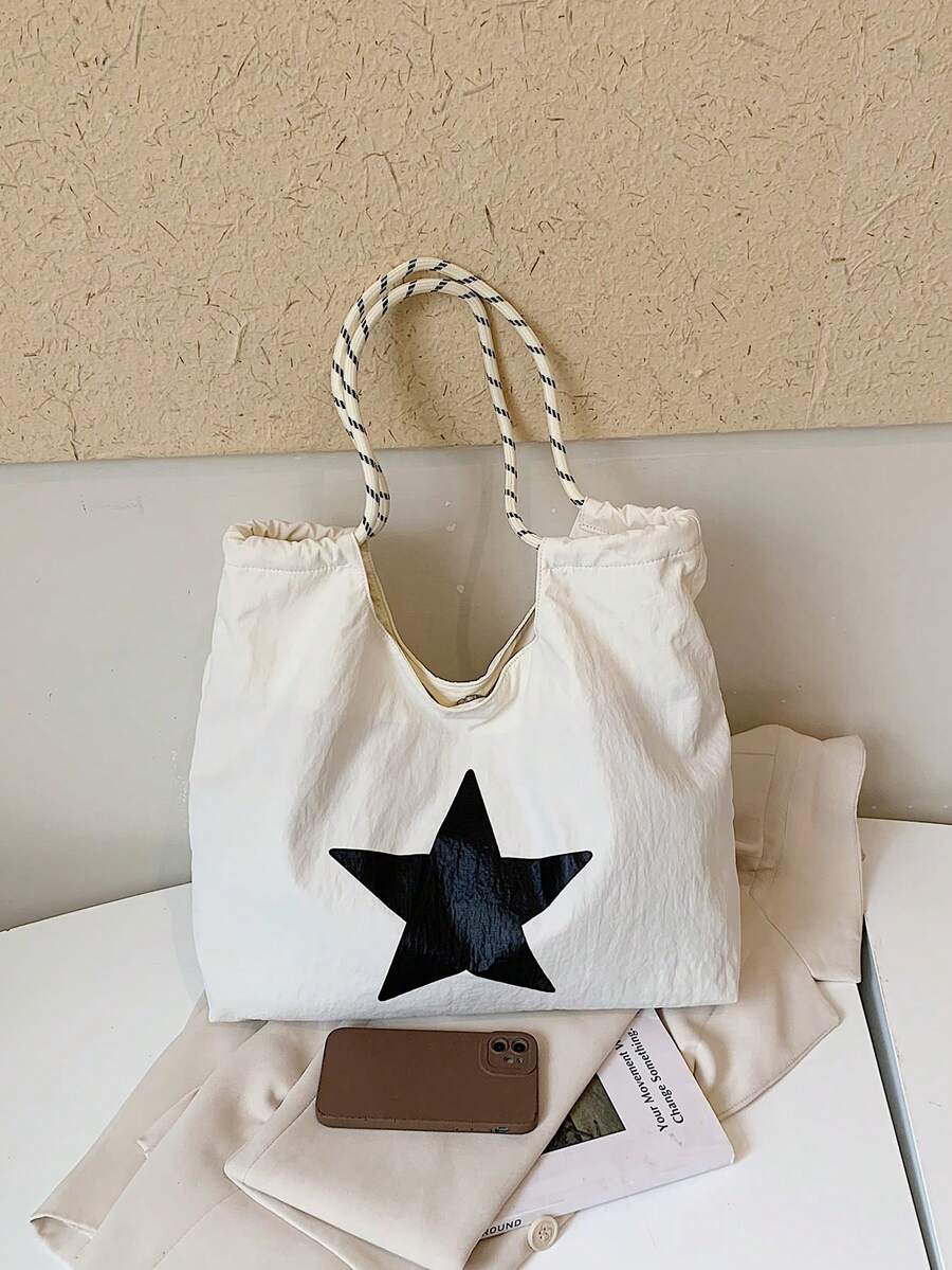 Large Capacity Women's Shoulder Bag Handbag Black And White Contrast Star Printed Nylon Waterproof Fabric Daily Commuter Bag