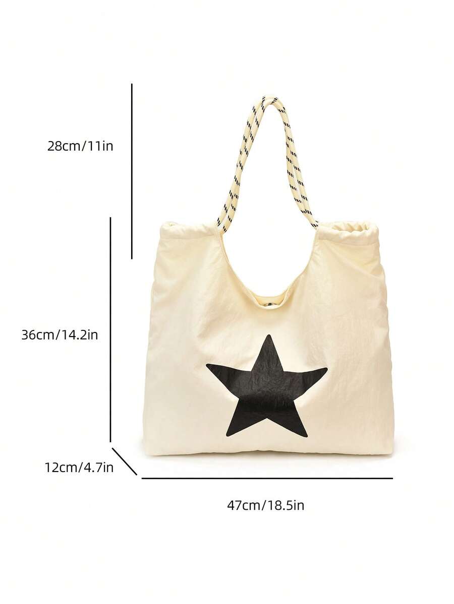 Large Capacity Women's Shoulder Bag Handbag Black And White Contrast Star Printed Nylon Waterproof Fabric Daily Commuter Bag