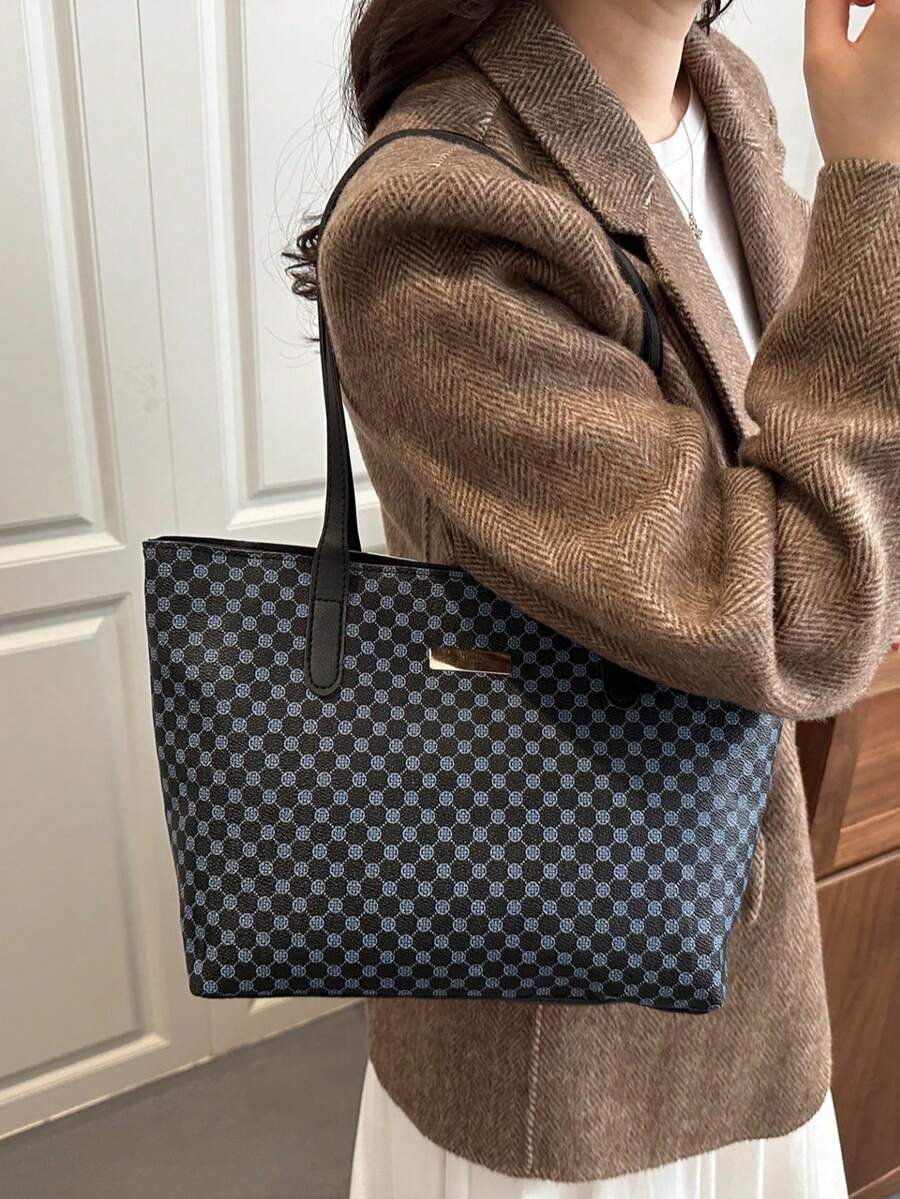 All-Over Print Shoulder Tote Bag, Vintage Letter Print Handbag, Small Tote Bag, Perfect Underarm Bag For Women's Shopping, Commuting, Daily Use And Students Back To School