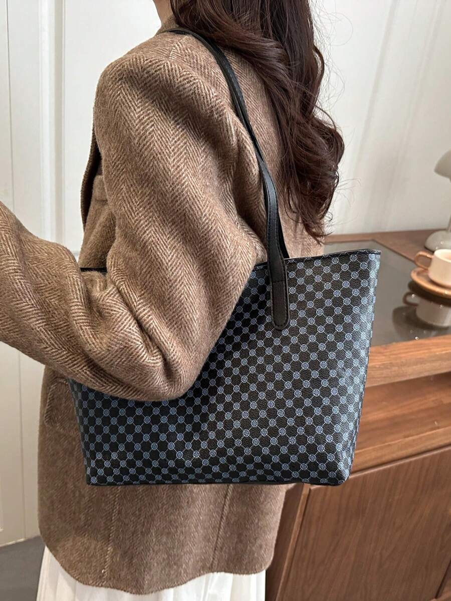 All-Over Print Shoulder Tote Bag, Vintage Letter Print Handbag, Small Tote Bag, Perfect Underarm Bag For Women's Shopping, Commuting, Daily Use And Students Back To School