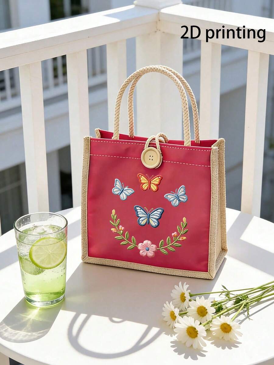 Butterfly Flower (2D Print) Canvas Tote Bag, Women's Cute Shoulder Handbag, Reusable Shopping Bag, Butterfly Flower Pattern Portable Lightweight Work Lunch Tote, Fashion Casual Handbag For Travel, Sch