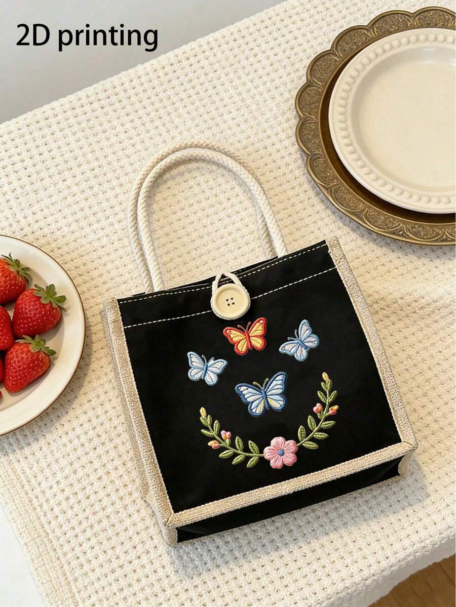 Butterfly Flower (2D Print) Canvas Tote Bag, Women's Cute Shoulder Handbag, Reusable Shopping Bag, Butterfly Flower Pattern Portable Lightweight Work Lunch Tote, Fashion Casual Handbag For Travel, Sch
