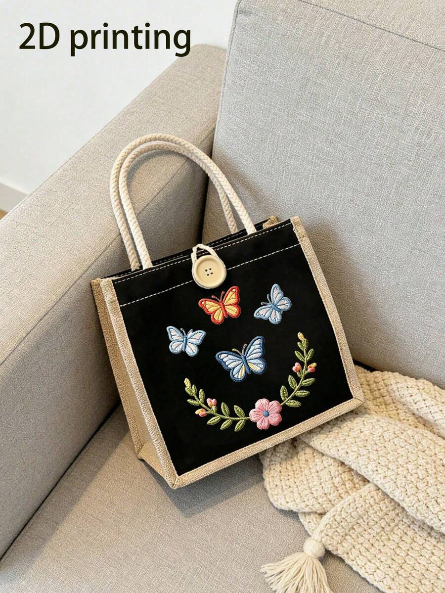 Butterfly Flower (2D Print) Canvas Tote Bag, Women's Cute Shoulder Handbag, Reusable Shopping Bag, Butterfly Flower Pattern Portable Lightweight Work Lunch Tote, Fashion Casual Handbag For Travel, Sch