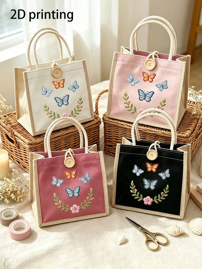 Butterfly Flower (2D Print) Canvas Tote Bag, Women's Cute Shoulder Handbag