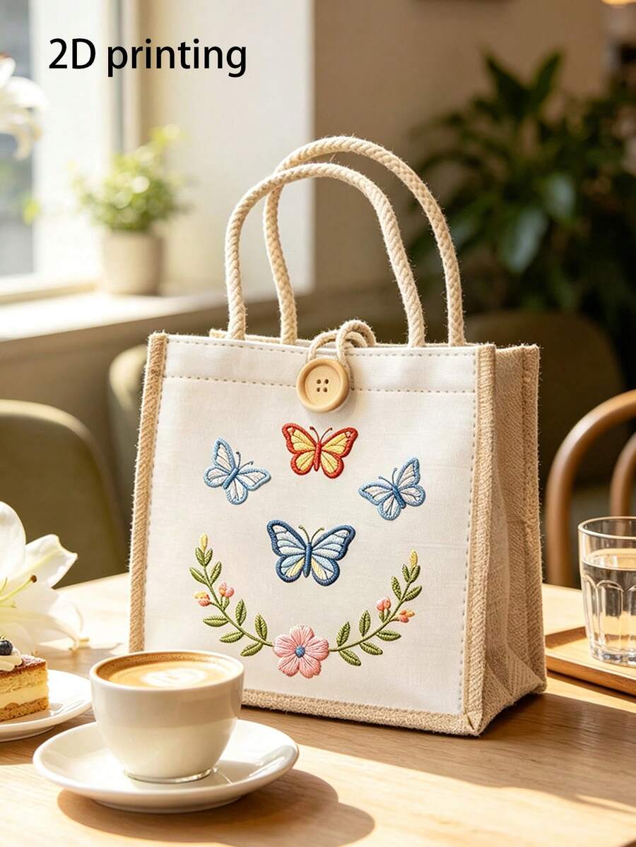 Butterfly Flower (2D Print) Canvas Tote Bag, Women's Cute Shoulder Handbag, Reusable Shopping Bag, Butterfly Flower Pattern Portable Lightweight Work Lunch Tote, Fashion Casual Handbag For Travel, Sch