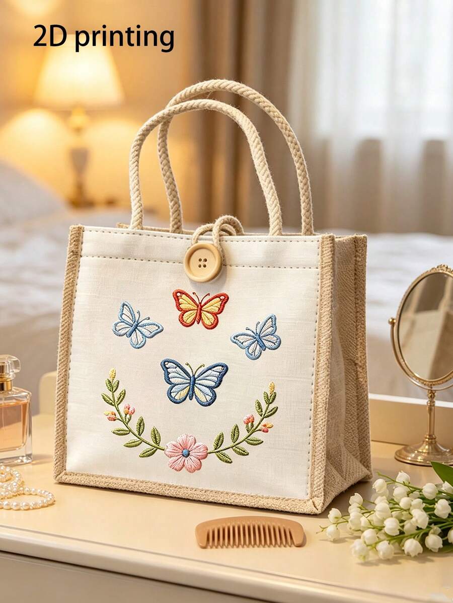 Butterfly Flower (2D Print) Canvas Tote Bag, Women's Cute Shoulder Handbag, Reusable Shopping Bag, Butterfly Flower Pattern Portable Lightweight Work Lunch Tote, Fashion Casual Handbag For Travel, Sch